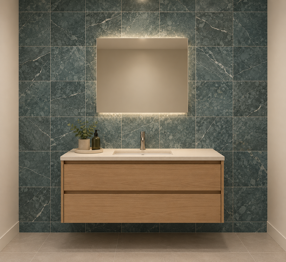 Teos Green Honed Marble Wall & Floor Tiles: installed on a windowless bathroom vanity accent wall