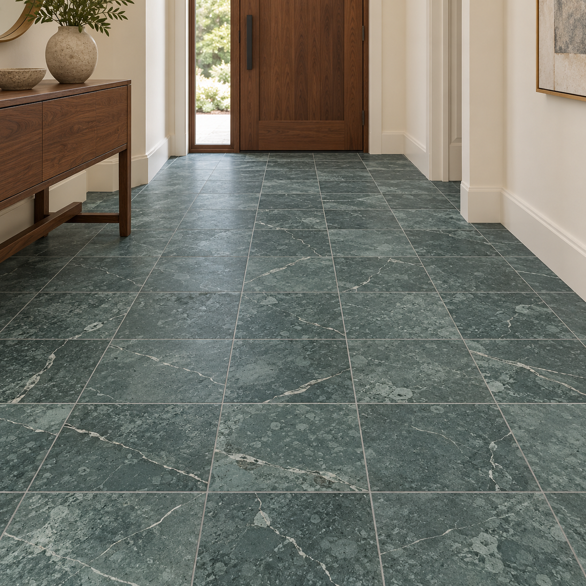 Teos Green Honed Marble Wall & Floor Tiles: installed on an entrance hallway floor with visible tile joints