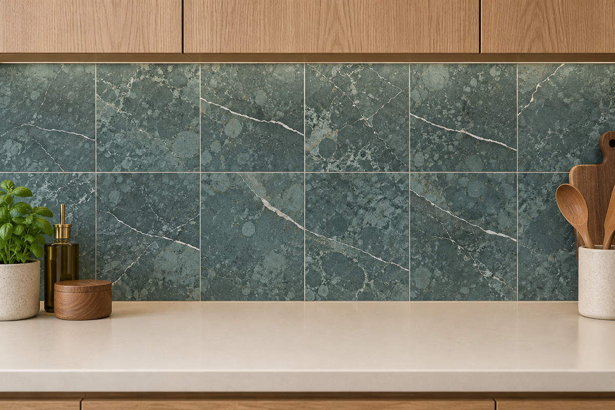 Teos Green Honed Marble Wall & Floor Tiles: installed as a kitchen splashback with individual natural tile patterns
