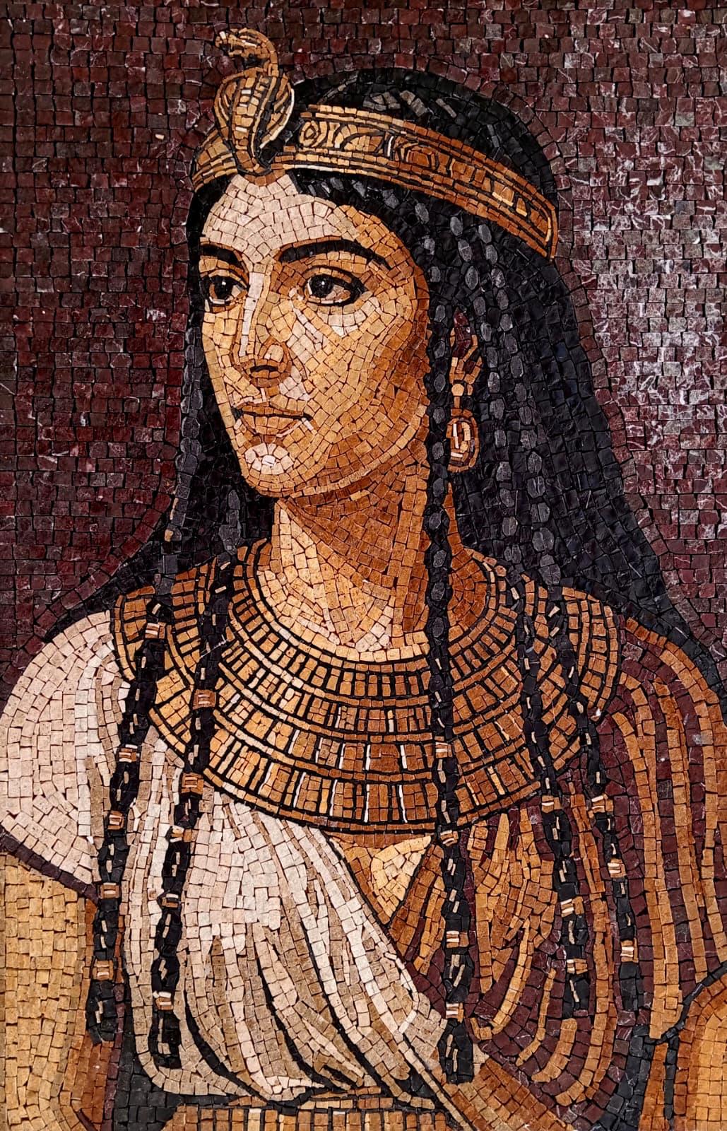 The Majesty of the Nile natural stone mosaic art panel with a cobra headdress and ornate collar on a burgundy background
