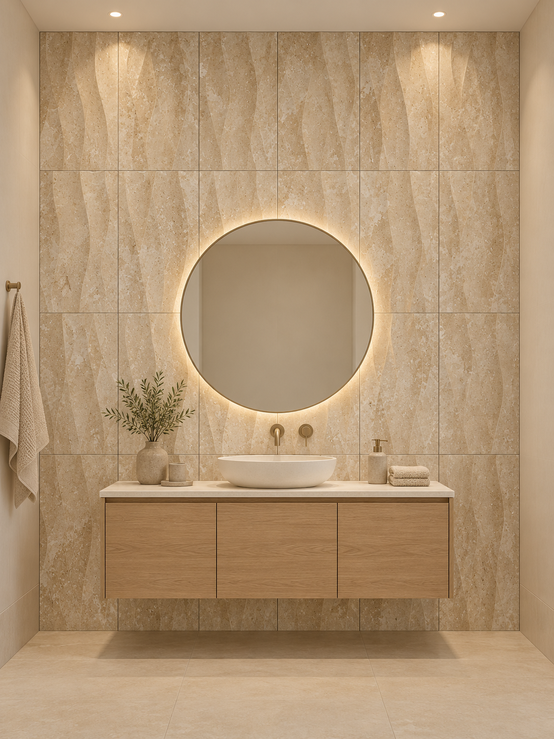 Travertine Wave Decor Natural Stone Tile (305 mm x 610 mm): installed on a windowless bathroom vanity accent wall