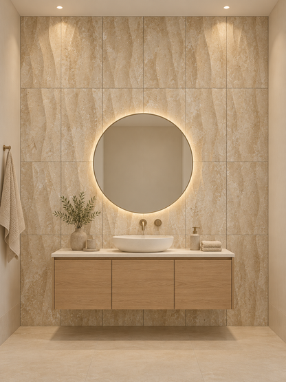 Travertine Wave Decor Natural Stone Tile (305 mm x 610 mm): installed on a windowless bathroom vanity accent wall