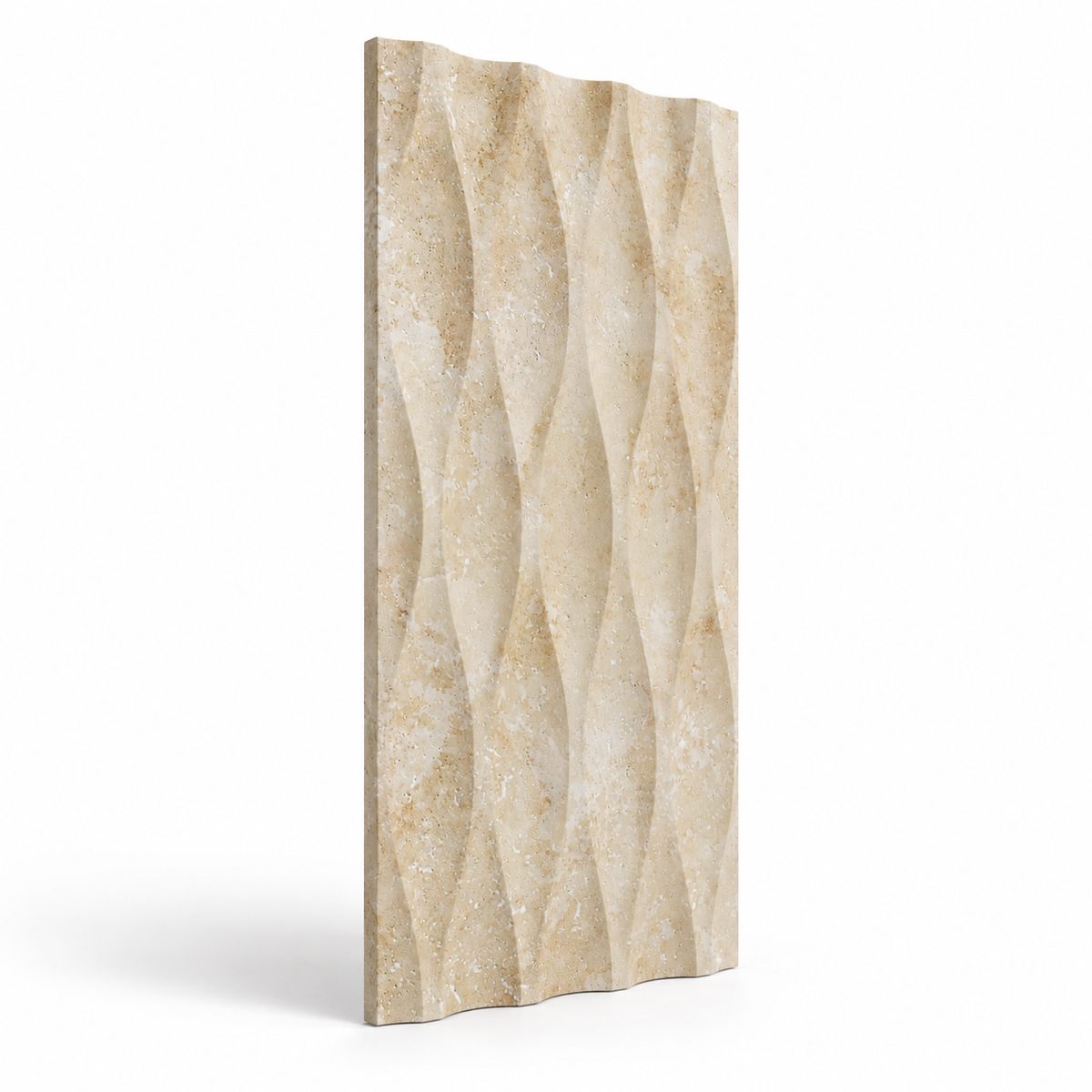 Travertine Wave Decor Natural Stone Tile (305 mm x 610 mm): angled view showing the carved face and thin raw sawn edges