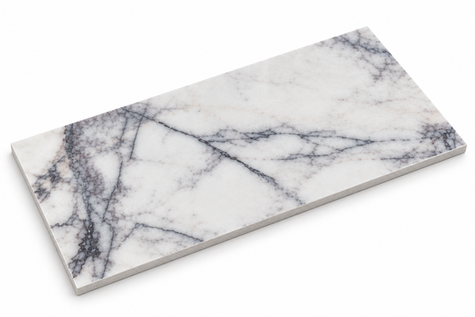 Calacatta Viola Polished Marble tiles: angled view showing the stone face and raw sawn edges