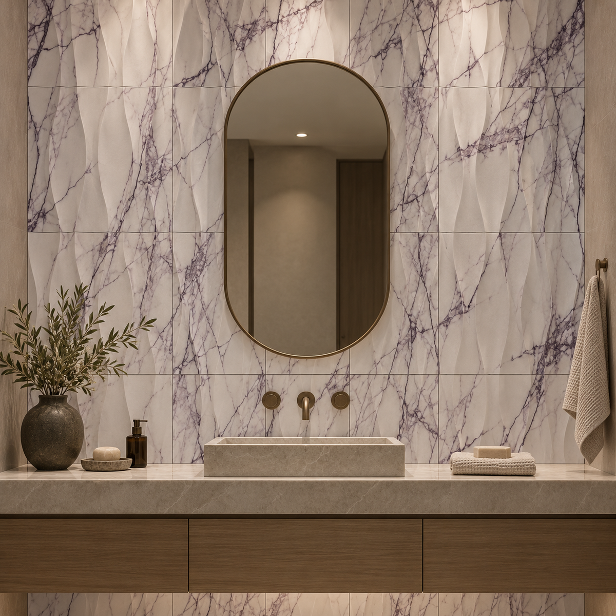 Calacatta Viola Wave Marble Tile: installed on a bathroom vanity wall