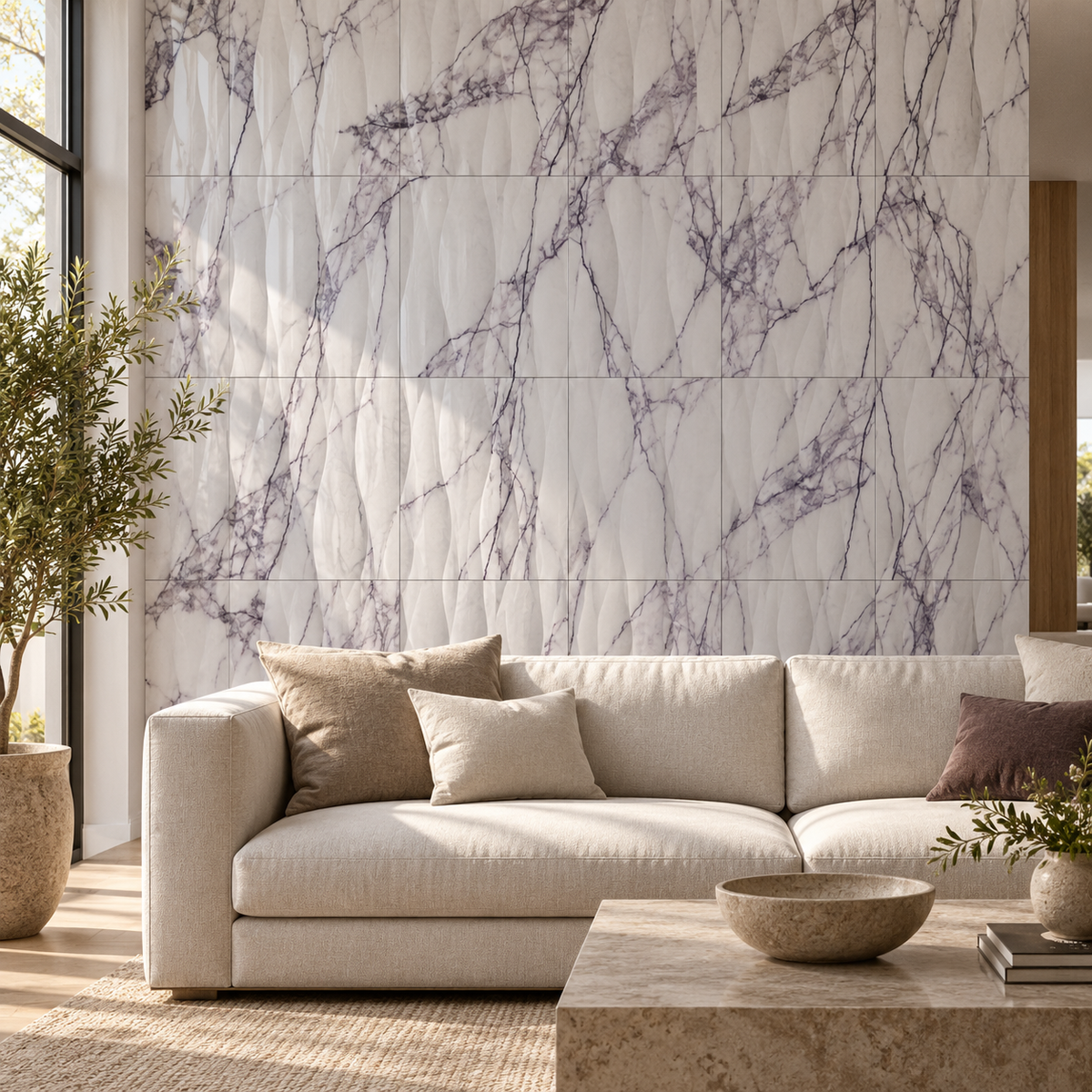 Calacatta Viola Wave Marble Tile: installed on a living room feature wall
