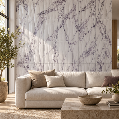 Calacatta Viola Wave Marble Tile: installed on a living room feature wall