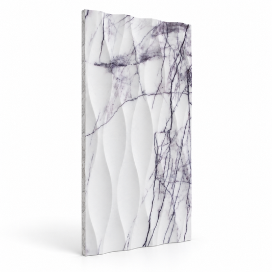Calacatta Viola Wave Marble Tile: angled view showing the stone face and raw sawn edges