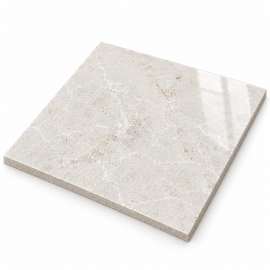 White Emperador Polished Marble Wall & Floor Tiles: angled view showing the stone face and raw sawn edges